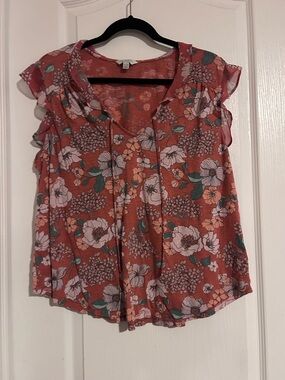 Floral V-Neck Ruffle Sleeve Top - Rust Pink